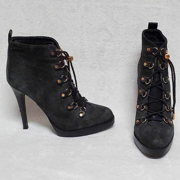 TORY Burch Halima Gray Camel Suede Gold Accent Lace-up Platform Ankle Booties 9M - Picture 3 of 15
